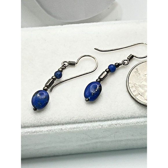 GENUINE LAPIS LAZULI STERLING SILVER WIRE WRAP DEARRINGS - Picture 3 of 4